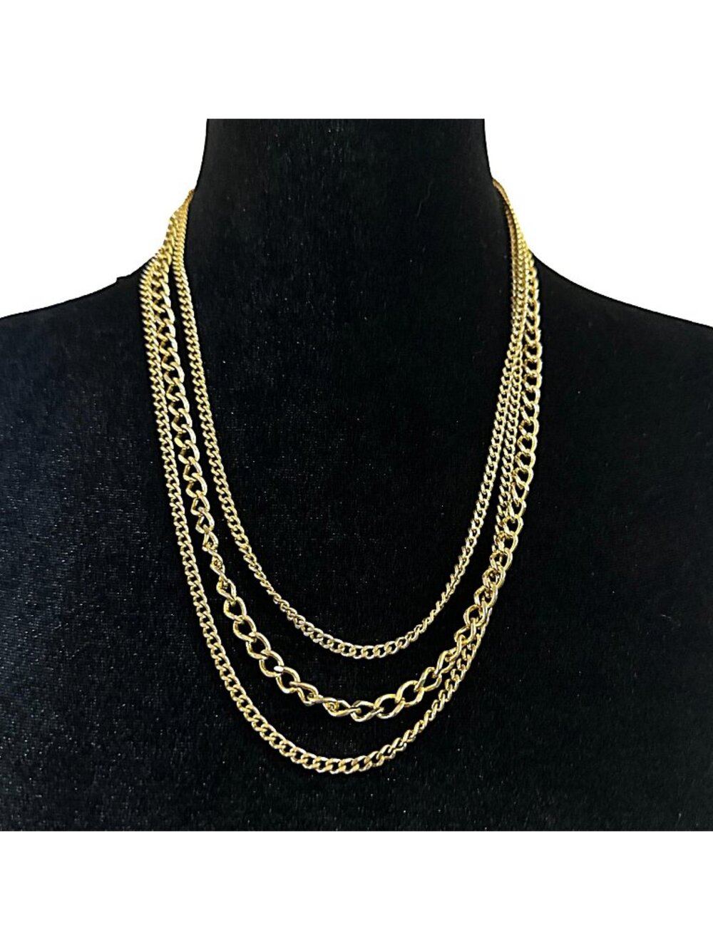 Vintage Necklace Triple Strand Gold Tone Chain Filigree Clasp Womens Jewelry